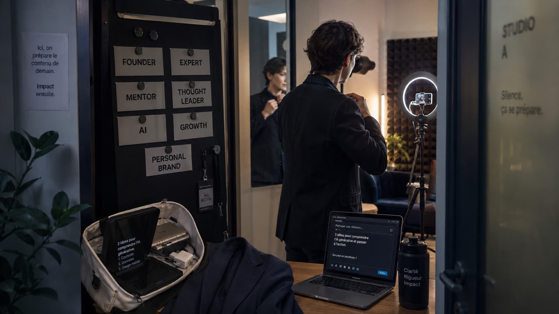Studio de création de contenu la nuit : une personne ajuste sa veste devant une lampe annulaire et un smartphone sur trépied, un tableau affiche les étiquettes Founder, Expert, Mentor, Thought leader, AI, Growth et Personal brand, un ordinateur montre un brouillon de post 3 idées pour comprendre l'IA générative, et une affiche indique Ici on prépare le contenu de demain, impact ensuite