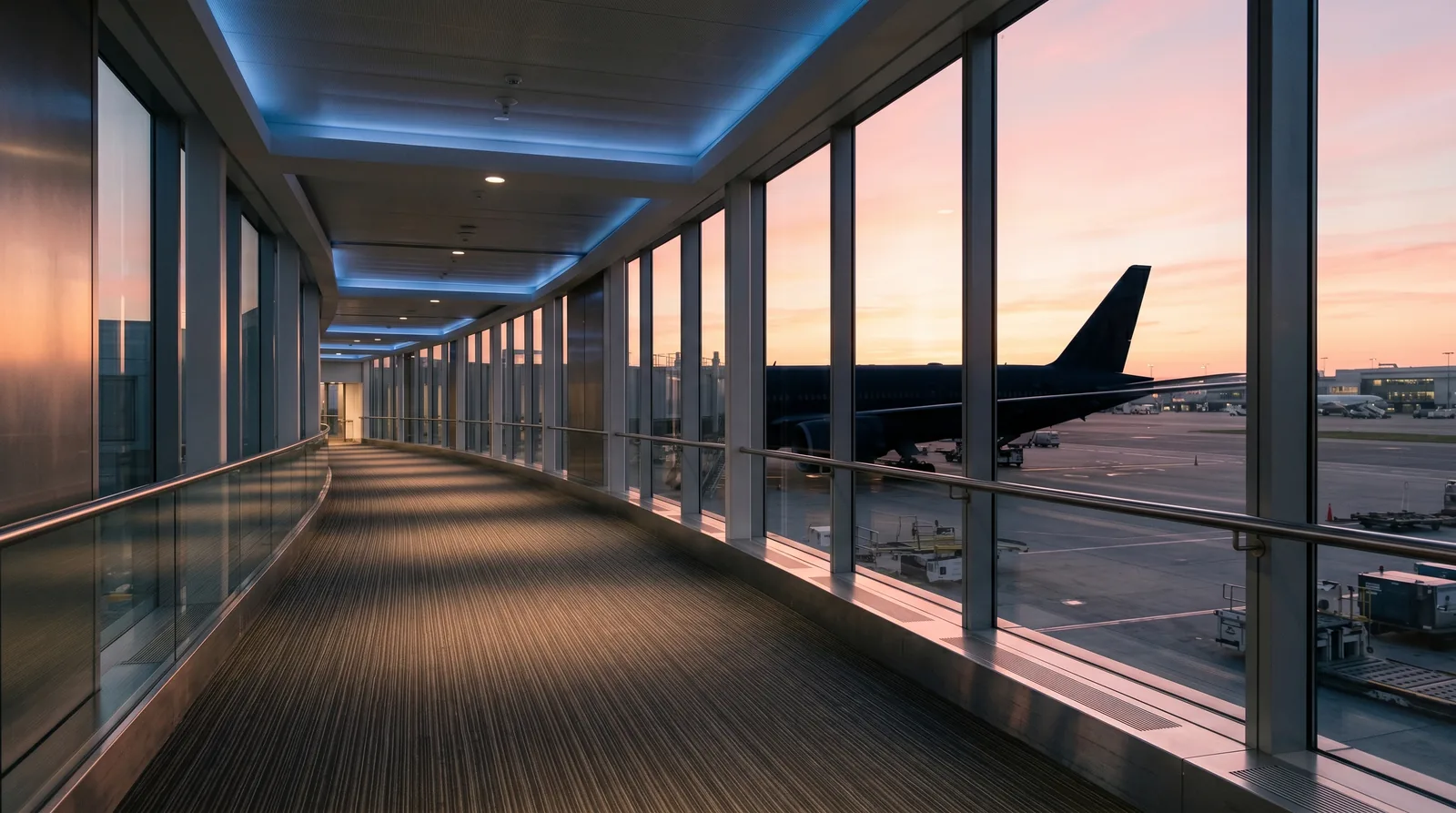 Passerelle d'aéroport vide à l'aube, lumière rose et or, silhouette d'un long-courrier, métaphore visuelle de la transformation produit silencieuse