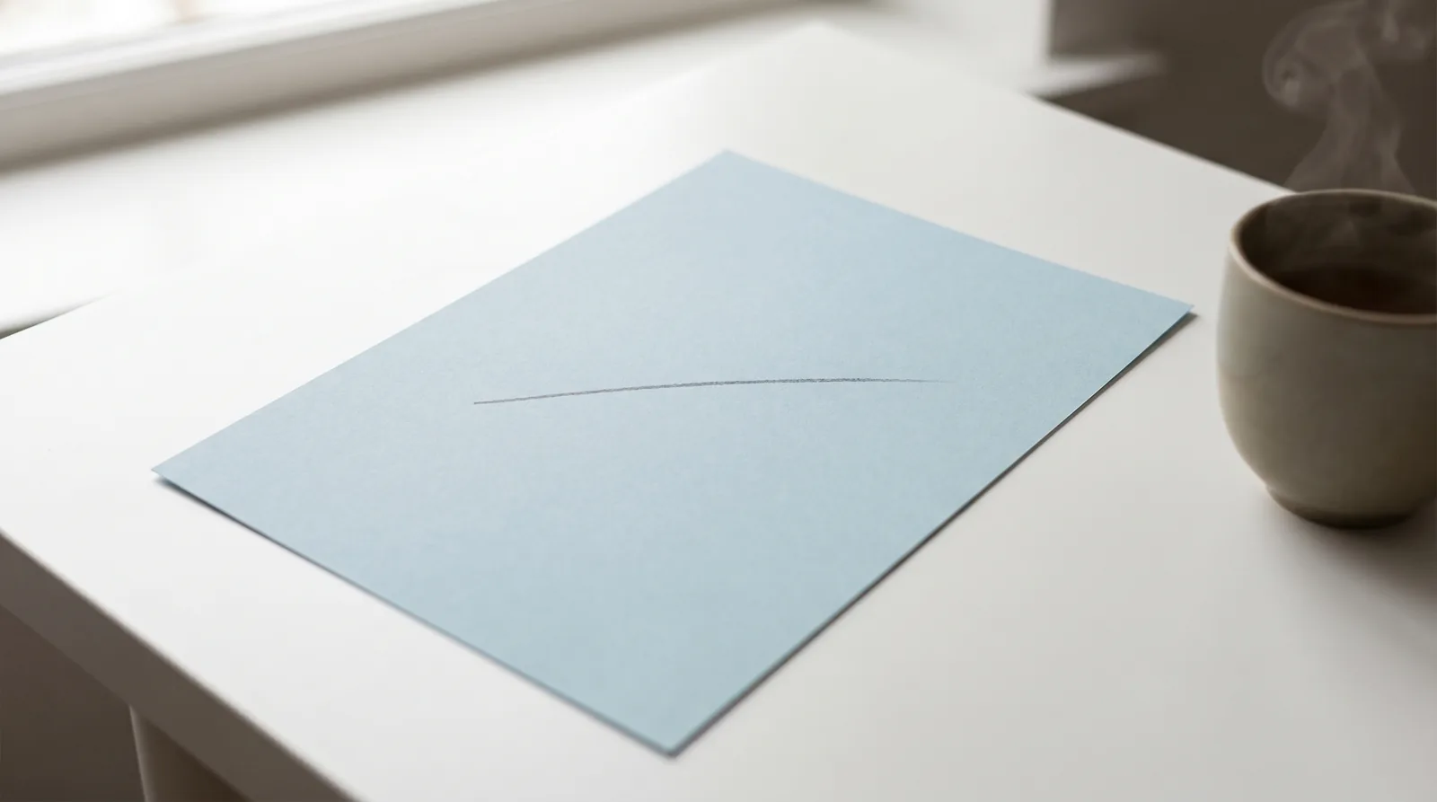 Feuille de papier bleu pâle avec un trait au crayon, tasse de céramique en arrière-plan, métaphore visuelle de l'assurance santé épurée comme un logiciel