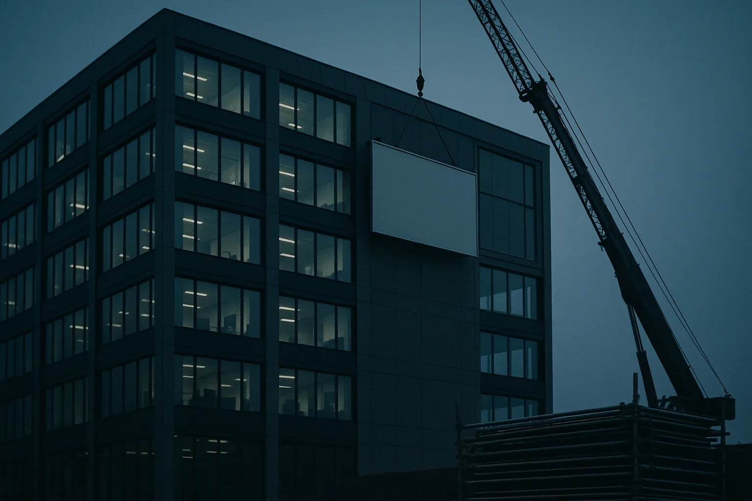 Immeuble de bureaux fraîchement achevé au crépuscule, échafaudages entièrement démontés et empilés au sol, une grue hissant vers la façade un grand panneau d'enseigne vierge et sans lettrage, lumière bleue de fin de journée