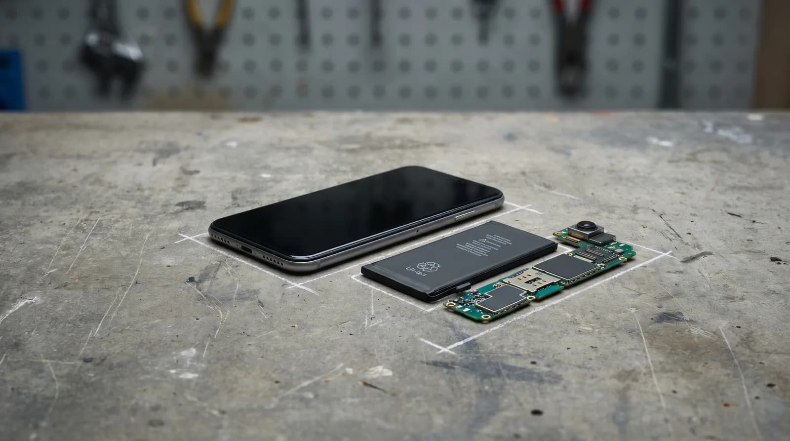 Smartphone parfaitement assemblé avec contours en craie marquant ses composants sur un établi gris, métaphore visuelle du reconditionné comme objet réfléchi
