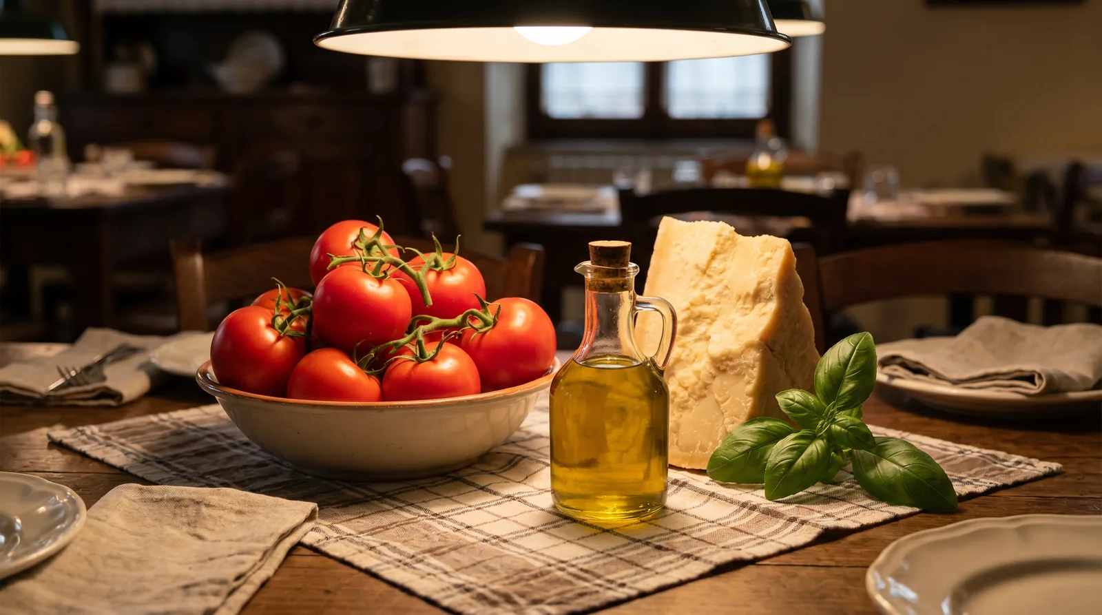Table de trattoria italienne rustique avec tomates rouges, parmesan, huile d'olive et basilic, métaphore visuelle de la mise en scène du sourcing producteur