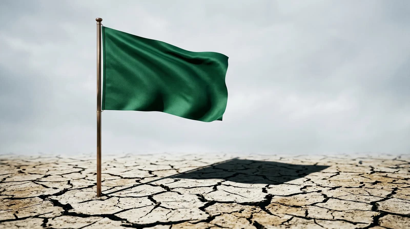 Drapeau vert émeraude flottant fièrement à un mât poli, projetant son ombre sur un sol craquelé fissuré par la chaleur, métaphore visuelle d'une signature corporate contredite par les actes