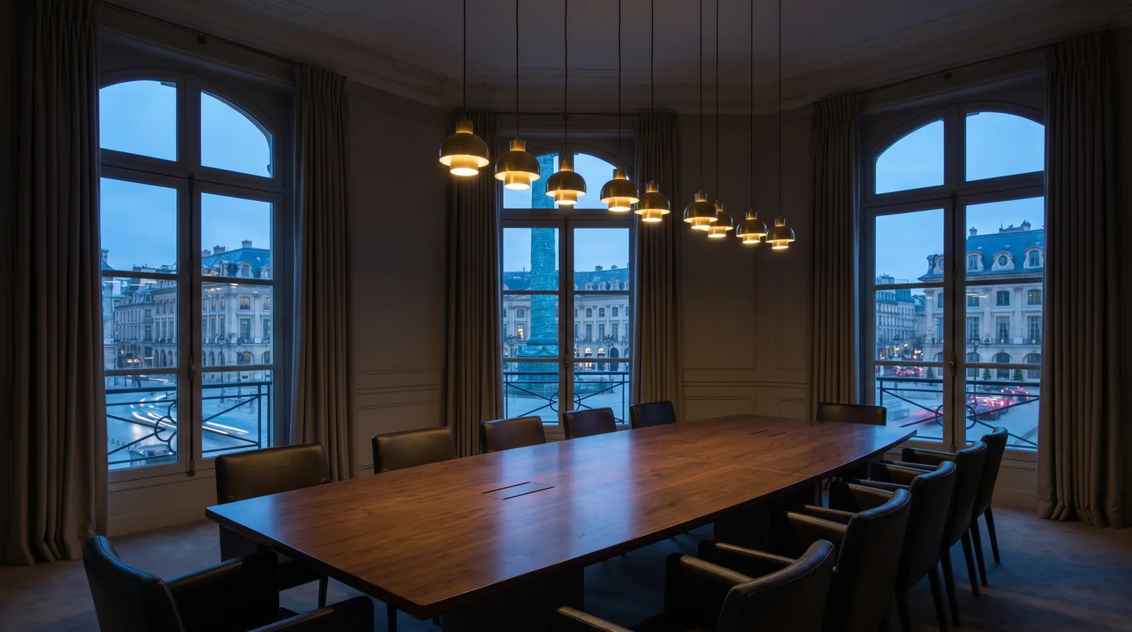 Salle de conseil haussmannienne vide au crépuscule, table en bois sombre, fauteuils en cuir, vue floue sur la Place Vendôme, métaphore visuelle de l'autorité par discrétion