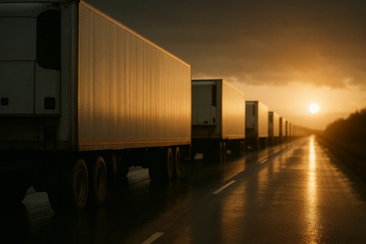 Longue file de semi-remorques frigorifiques blanches identiques s'éloignant sur une autoroute au crépuscule à contre-jour, la même silhouette anonyme répétée jusqu'à l'horizon, l'asphalte humide réfléchissant le soleil bas, métaphore d'une marque devenue standard de catégorie