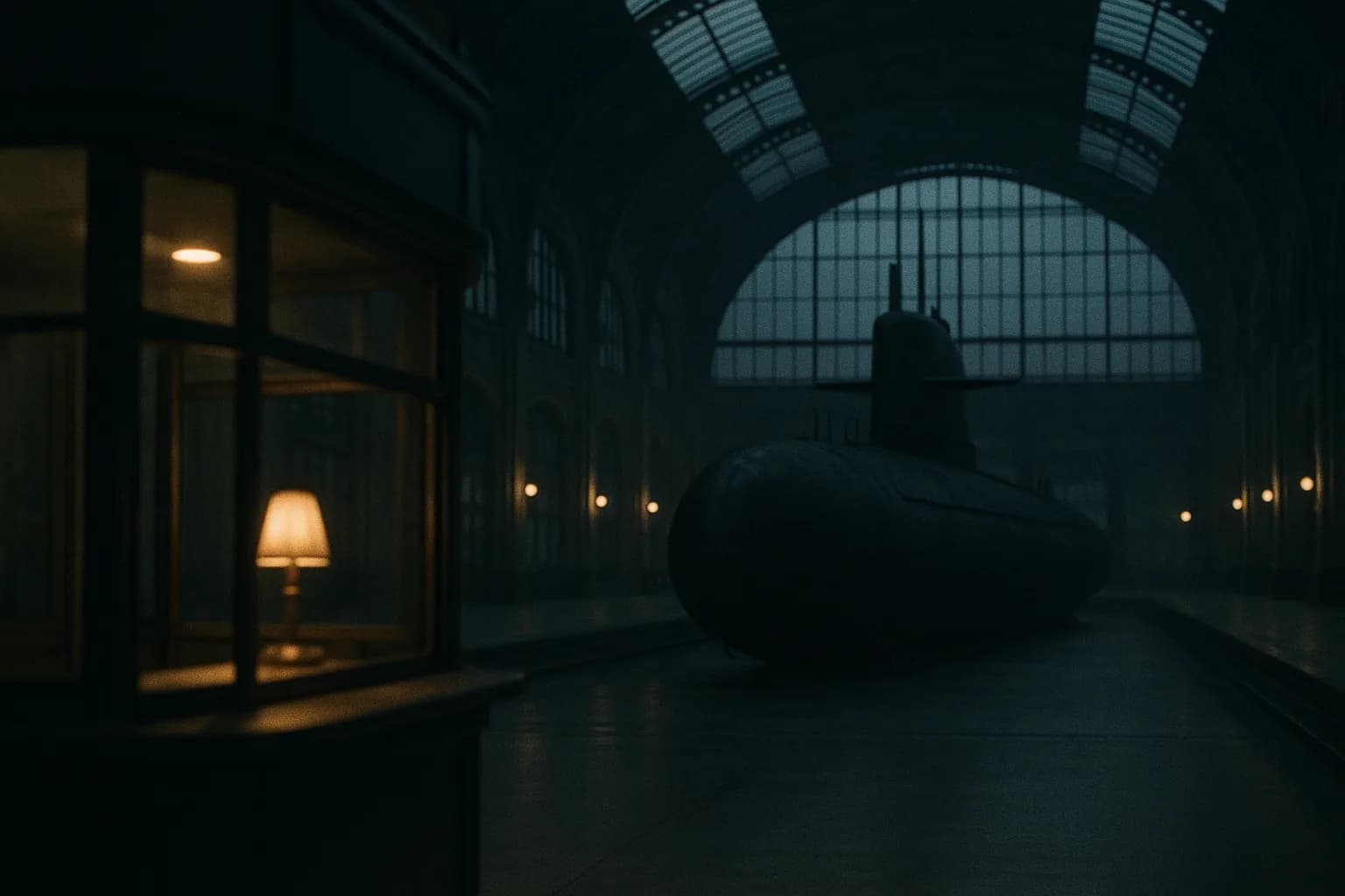 Immense hall de gare Art déco à verrière abritant la coque sombre d'un sous-marin, et au premier plan un guichet d'accueil désert dont le rideau métallique est à demi baissé, une seule lampe encore allumée, métaphore d'un équipement dont l'exploitant a changé
