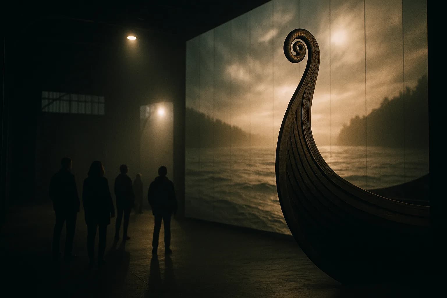 Proue sculptée d'un drakkar scénographié surgissant d'un mur d'écrans lumineux dans un hangar sombre au bord de l'eau, quelques silhouettes de visiteurs minuscules devant, métaphore d'un patrimoine local mis en spectacle par un format réplicable