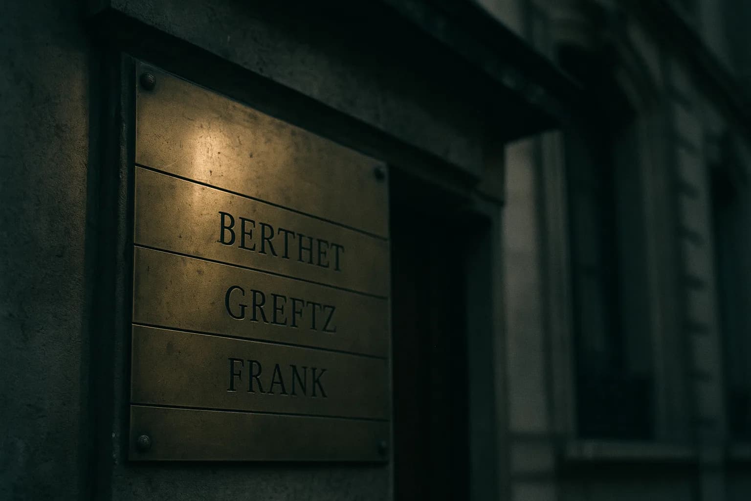 Plaque d’avocat en laiton portant quatre patronymes gravés, dont l’un plus récent réinscrit dans la même matière que les anciens, fixée au linteau d’un hôtel particulier parisien, métaphore de la transmission d’un nom entre générations.