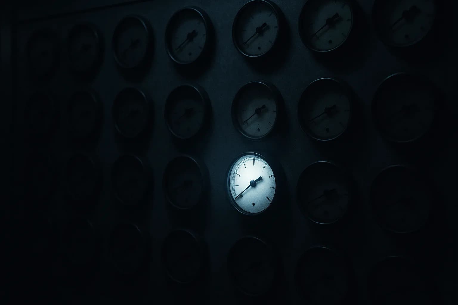Mur de compteurs analogiques identiques dans une salle de contrôle sombre, un seul cadran éclairé et lisible au centre pendant que tous les autres restent éteints, lumière froide, métaphore d'un acteur qui publie la mesure que personne d'autre ne donne