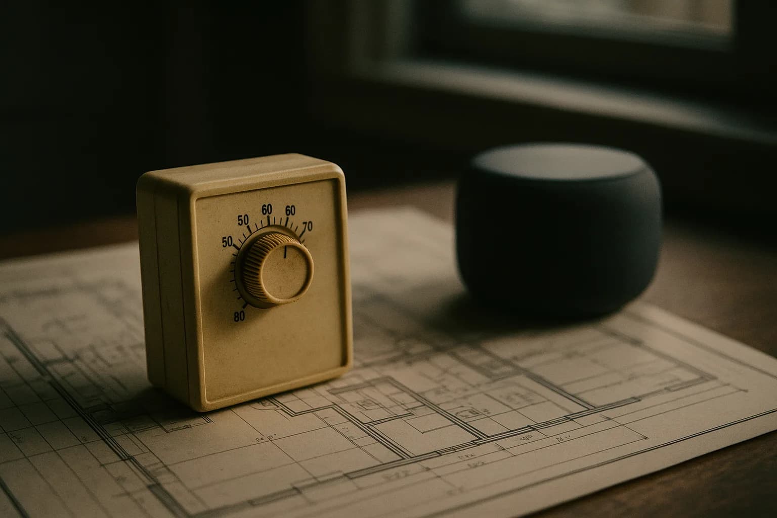 Thermostat mural des années 1970 au boîtier jauni posé à côté d'une enceinte connectée contemporaine, sur un plan d'architecte, métaphore d'un pionnier rattrapé sur son propre sujet