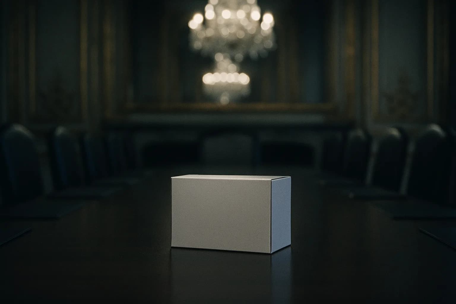 Boîte de médicament banalisée blanche posée seule au centre d'une table de conseil des ministres vide, dorures et lambris flous en arrière-plan, métaphore du produit de pharmacie familiale devenu affaire d'État