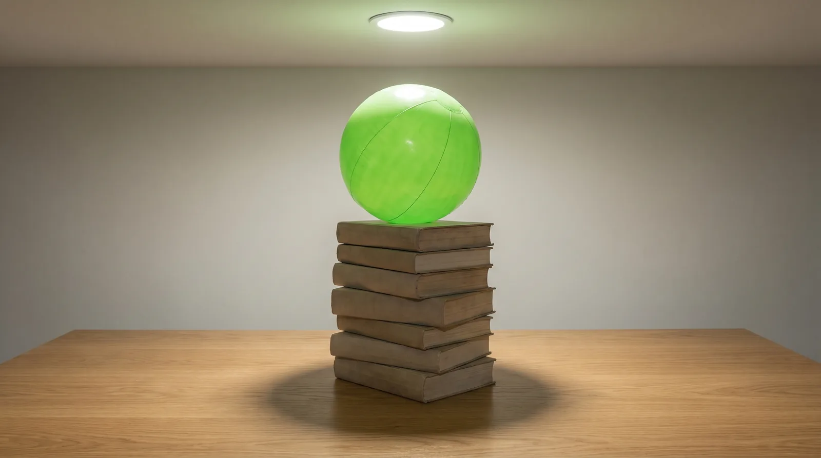 Ballon vert vif en équilibre sur une pile de gros livres reliés, métaphore visuelle de la mascotte qui porte l'apprentissage