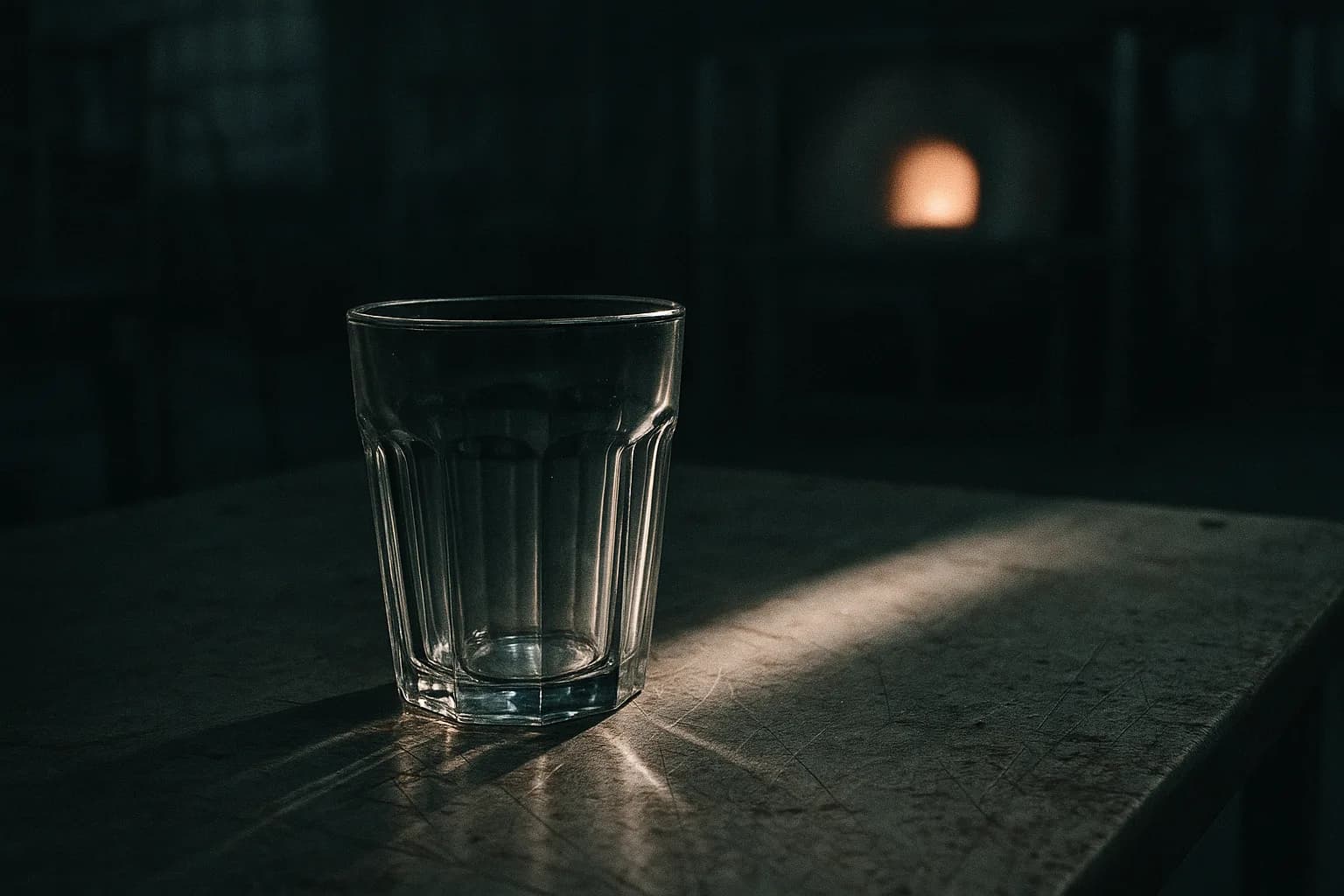 Verre à facettes vide posé au centre d'un établi d'usine, traversé par un rayon de lumière qui projette des reflets sur le métal froid, four éteint en arrière-plan flou, métaphore visuelle de l'équité affective qui brille sans chauffer