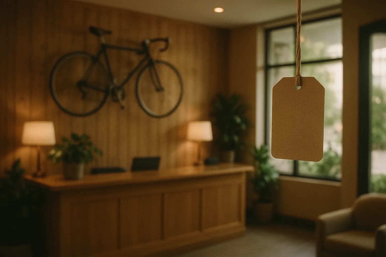 Hall d'hôtel chaleureux en bois clair, un vélo accroché au mur de bois, une petite étiquette de prix au premier plan, grande fenêtre et lumière naturelle douce, métaphore d'une hôtellerie économique qui refuse de compresser l'expérience