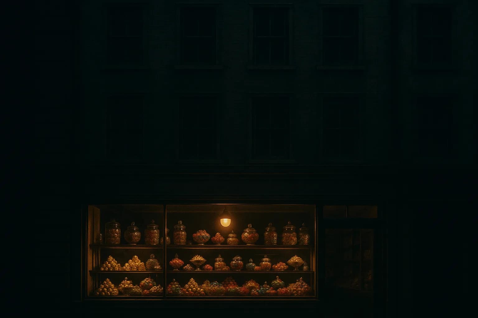 Vitrine de confiserie ancienne illuminée débordant de douceurs colorées anonymes, et au-dessus une façade d'immeuble entièrement sombre sans aucune enseigne, métaphore visuelle des produits éclatants sous une maison volontairement éteinte