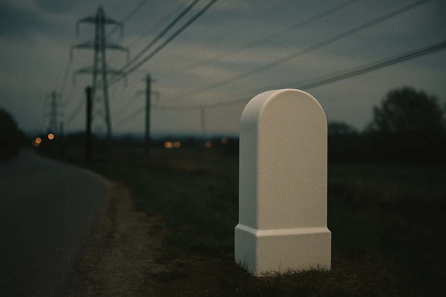 Borne kilométrique de bord de route française, intacte et repeinte du même blanc depuis des décennies, dans un paysage dont tout le reste a changé, métaphore visuelle du signe constant dans un environnement en mutation
