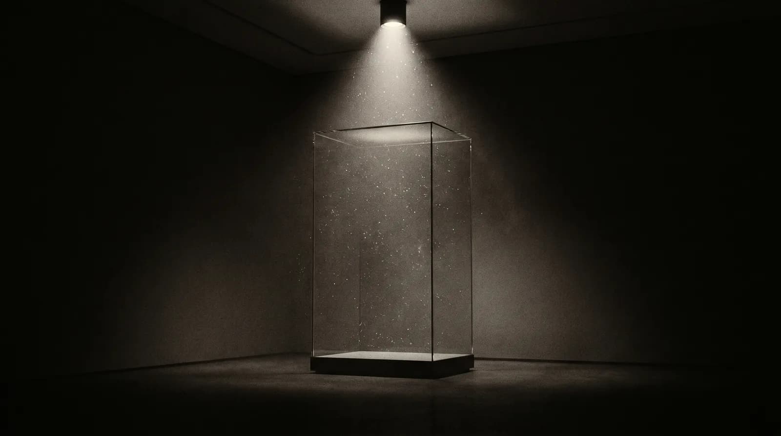 Vitrine de musée vide éclairée par un seul spot, métaphore visuelle du rebrand qui a oublié son produit