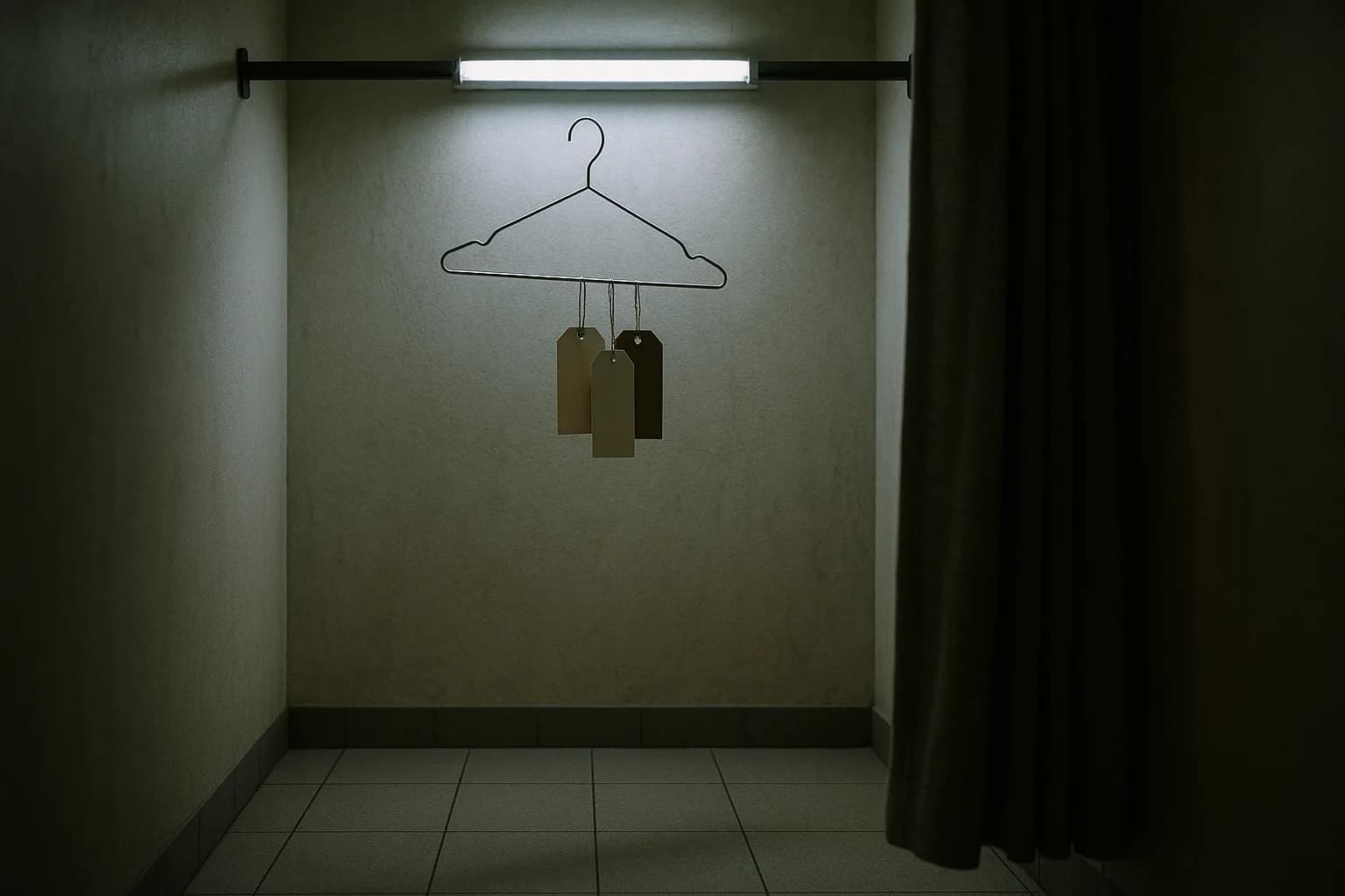 Cabine d'essayage de centre commercial vide, trois étiquettes de prix différentes accrochées au même cintre nu sous un néon blafard, métaphore visuelle d'une marque qui a changé trois fois d'étiquette sans changer de vêtement