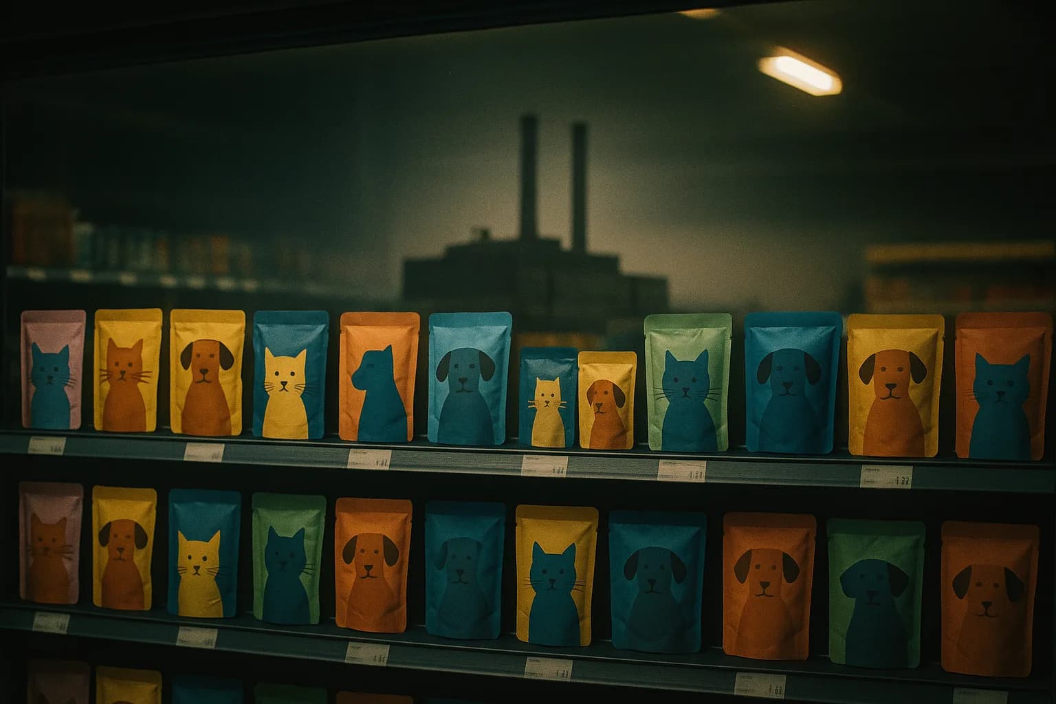 Linéaire de sachets de nourriture pour chats aux marques colorées et anonymes, reflétés dans la vitre une seule et même usine, métaphore d'une ETI qui fabrique pour toutes les marques et n'en porte aucune