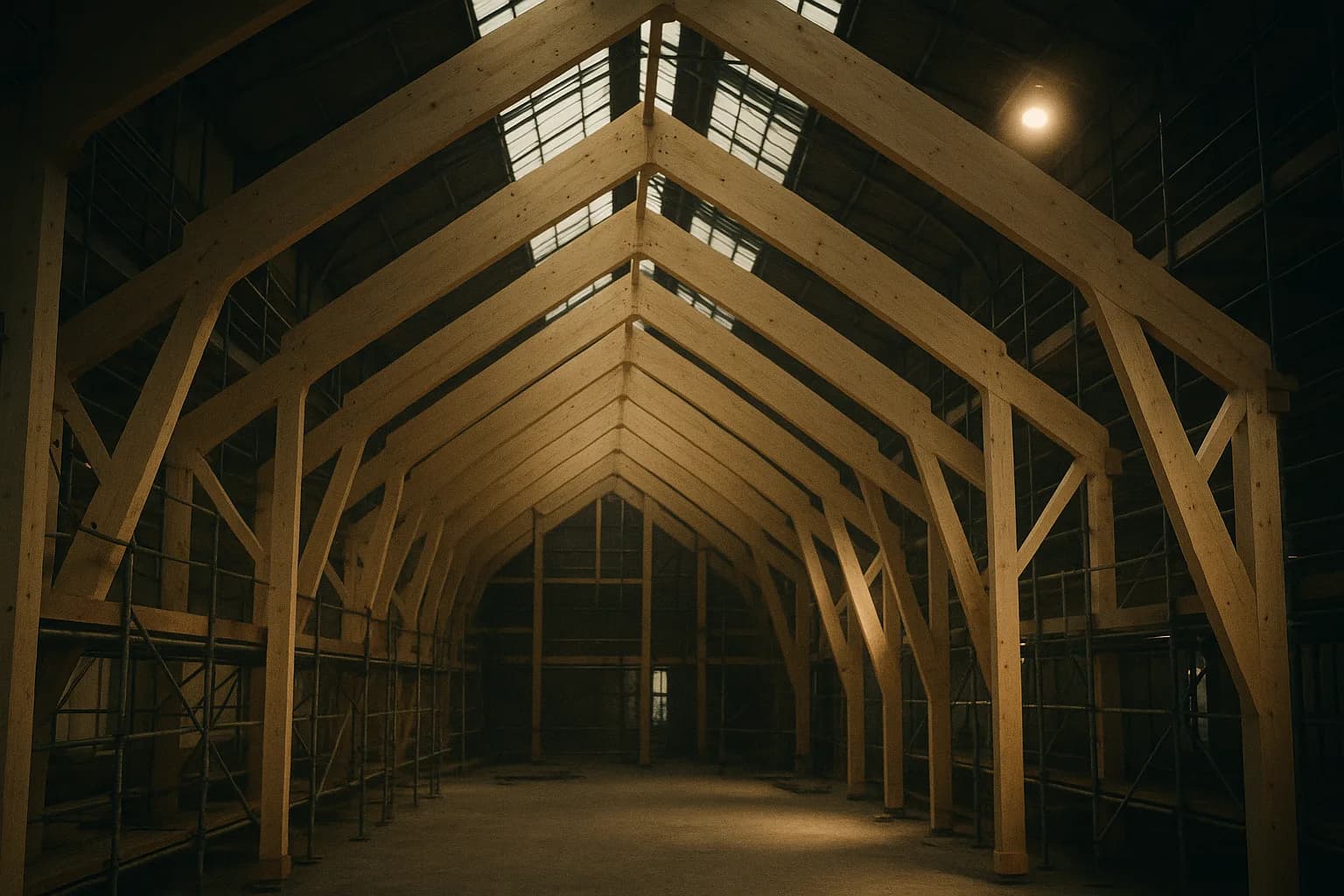 Immense charpente en bois lamellé-collé en cours de montage sous une verrière lumineuse, la lumière du jour inondant les poutres pâles qui s'élèvent comme une nef, atelier de construction bois, métaphore d'une entreprise familiale du BTP qui assume et raconte son pari industriel