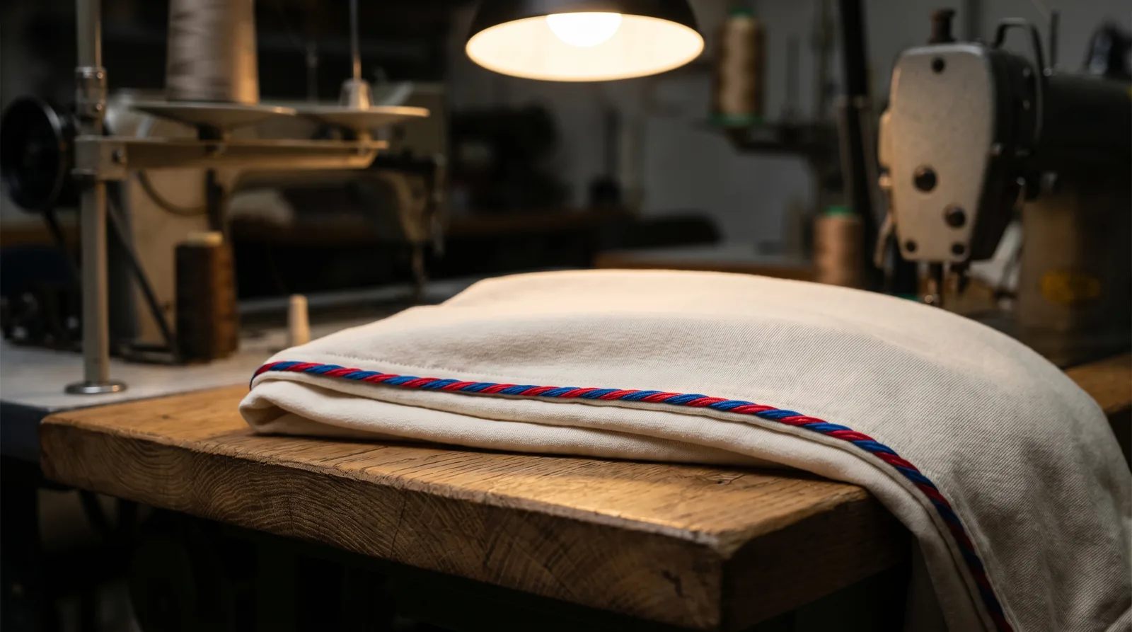 Tissu jersey de coton blanc plié sur un établi en chêne brut avec un ruban bleu-blanc-rouge, métaphore visuelle de la production française vérifiable