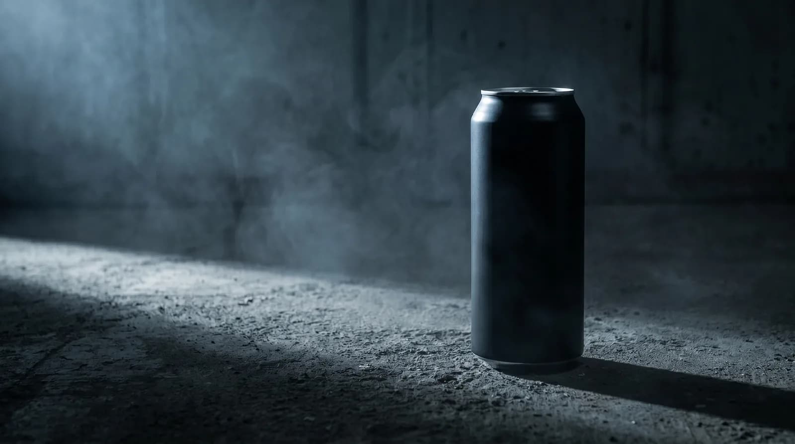 Canette aluminium noire mate isolée sur béton brut éclairée par un spot latéral, métaphore visuelle de la marque comme barrière à l'entrée