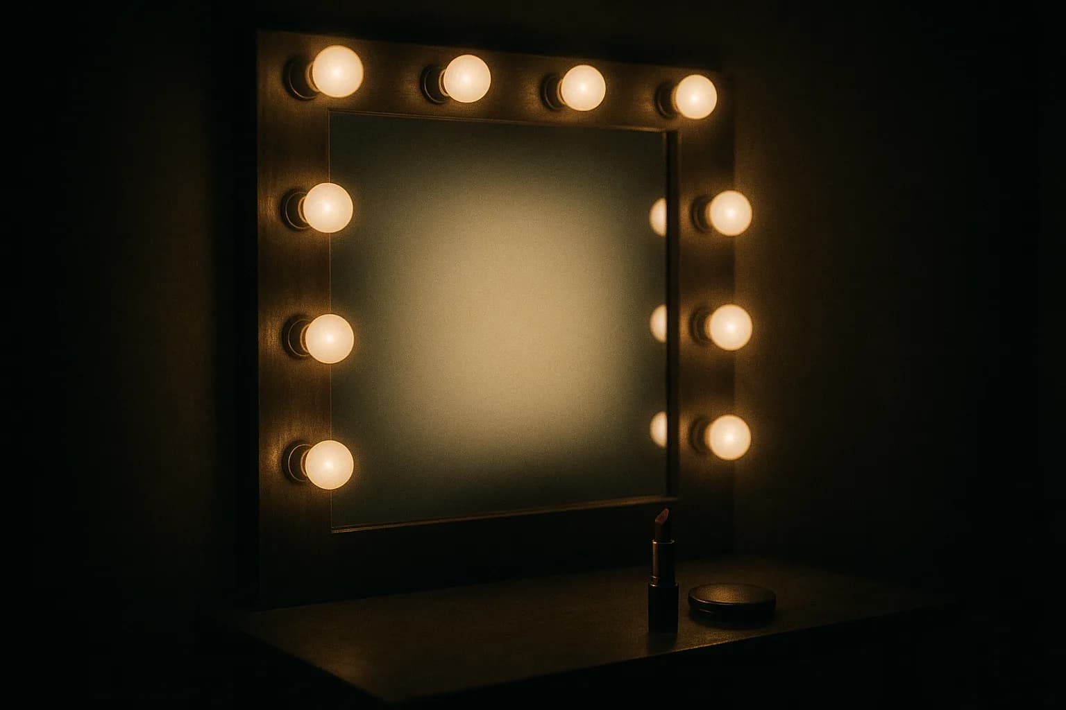 Miroir de loge de théâtre cerclé d'ampoules allumées dans une pièce sombre, sa surface réfléchissante remplacée par un écran vierge doucement lumineux ne renvoyant aucun reflet, un rouge à lèvres sans étiquette et un poudrier posés sur la tablette
