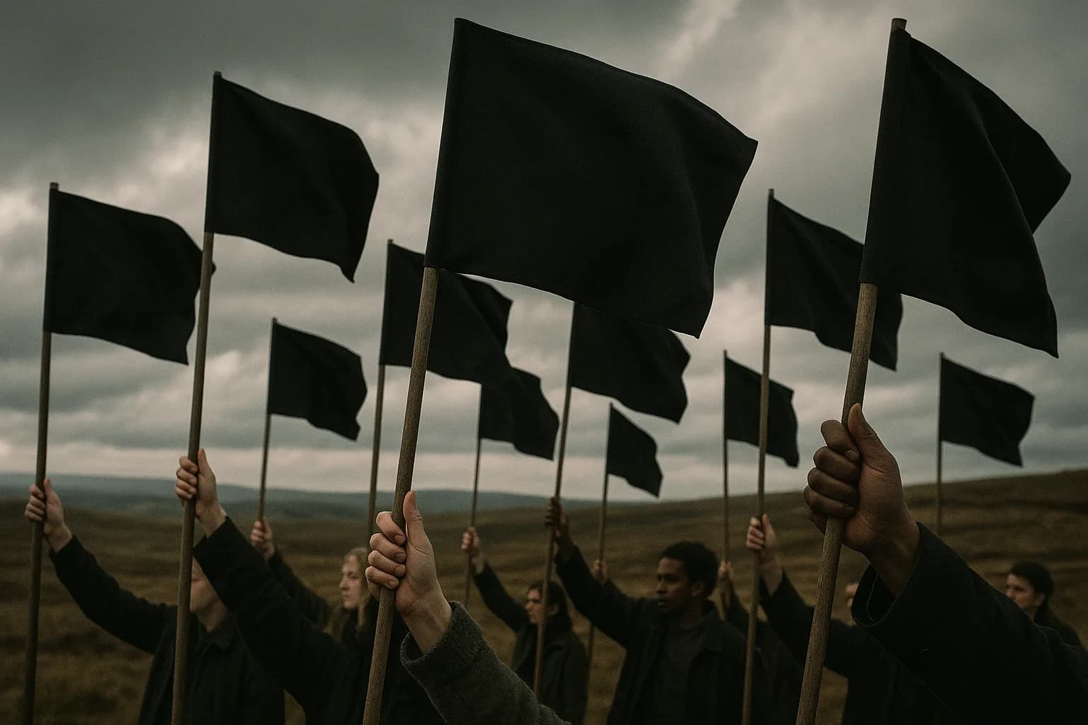 Assemblée de bannières noires et blanches strictement identiques, tenues par des mains très différentes sur une lande balayée par le vent sous un ciel changeant, métaphore d'une marque-club dont la force est la coalition, jamais éprouvée par l'alternance