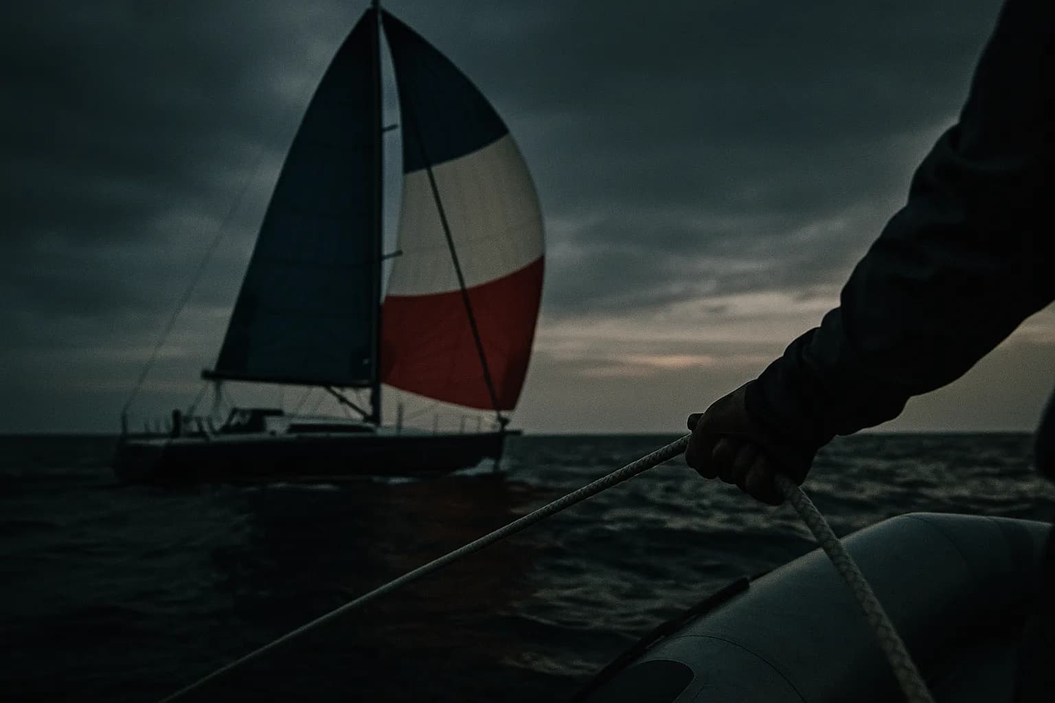 Voilier de course au large au crépuscule, grand-voile tricolore gonflée, mais l'écoute principale tenue par une main hors champ depuis un bateau voisin, métaphore visuelle du récit de souveraineté écrit par des tiers