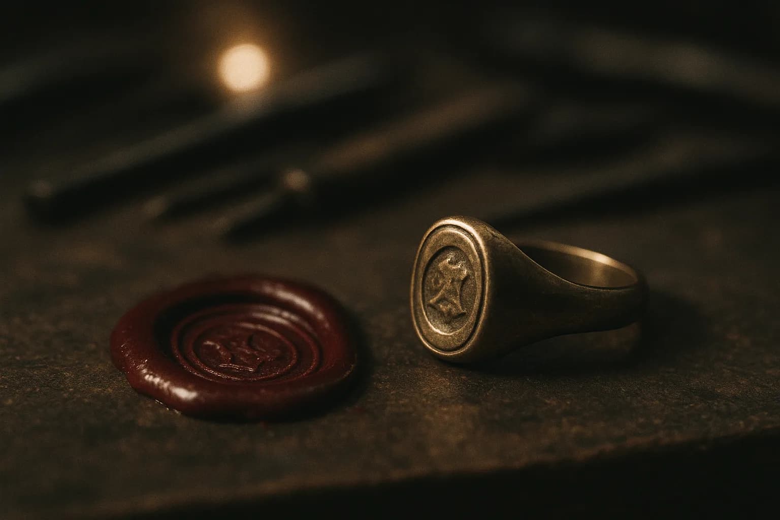 Chevalière de laiton posée à côté de sa propre empreinte fraîche dans un cachet de cire rouge sombre, l'empreinte apparaissant inversée par rapport au sceau, sous une lumière rasante d'atelier, métaphore d'un fondateur qui signe son groupe en se retournant