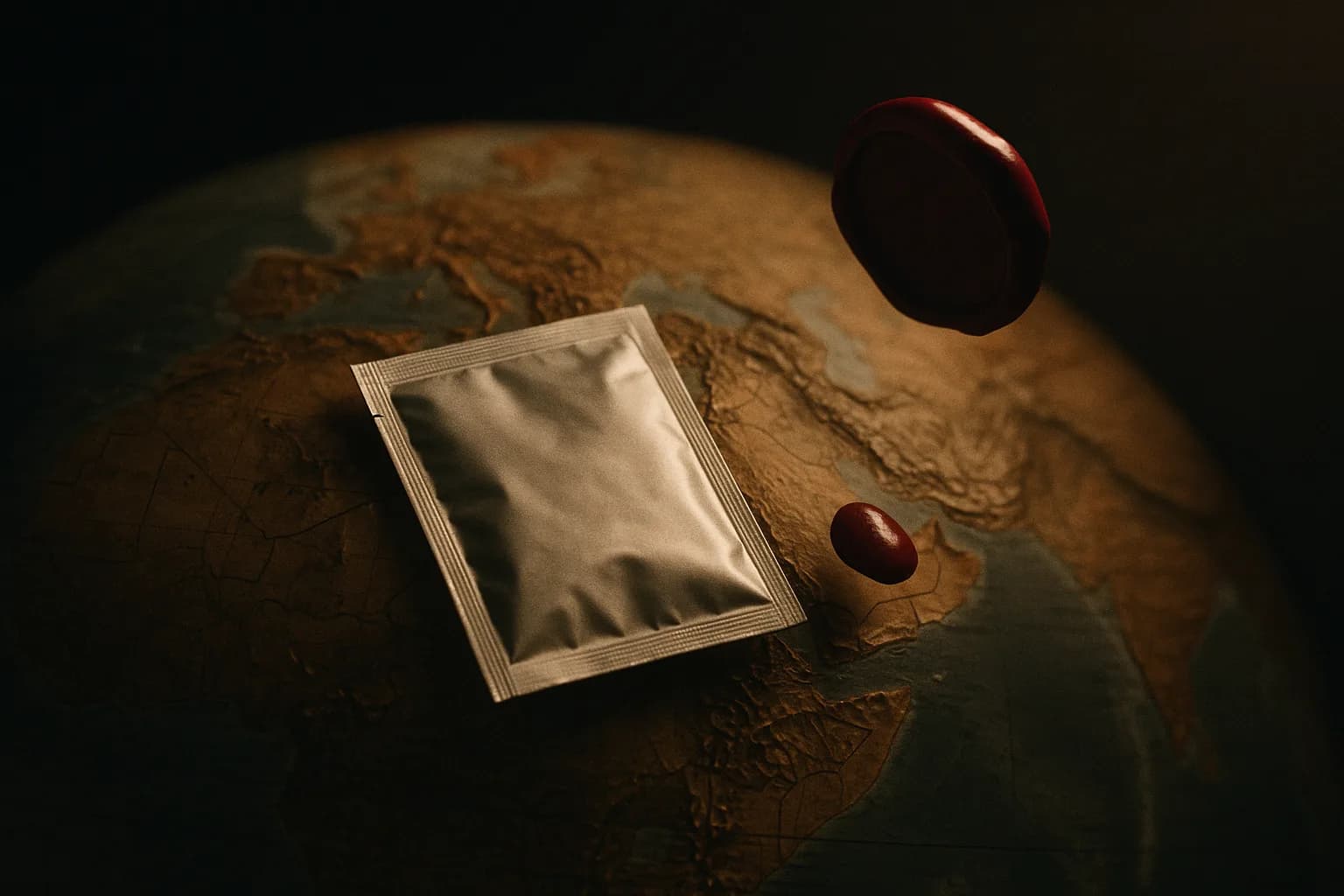 Sachet souple anonyme posé sur un globe en relief, cachet de cire rouge à demi levé sur l'hémisphère sud sous une lumière rasante, métaphore d'un brevet transformé en frontière morale entre le Nord et le Sud