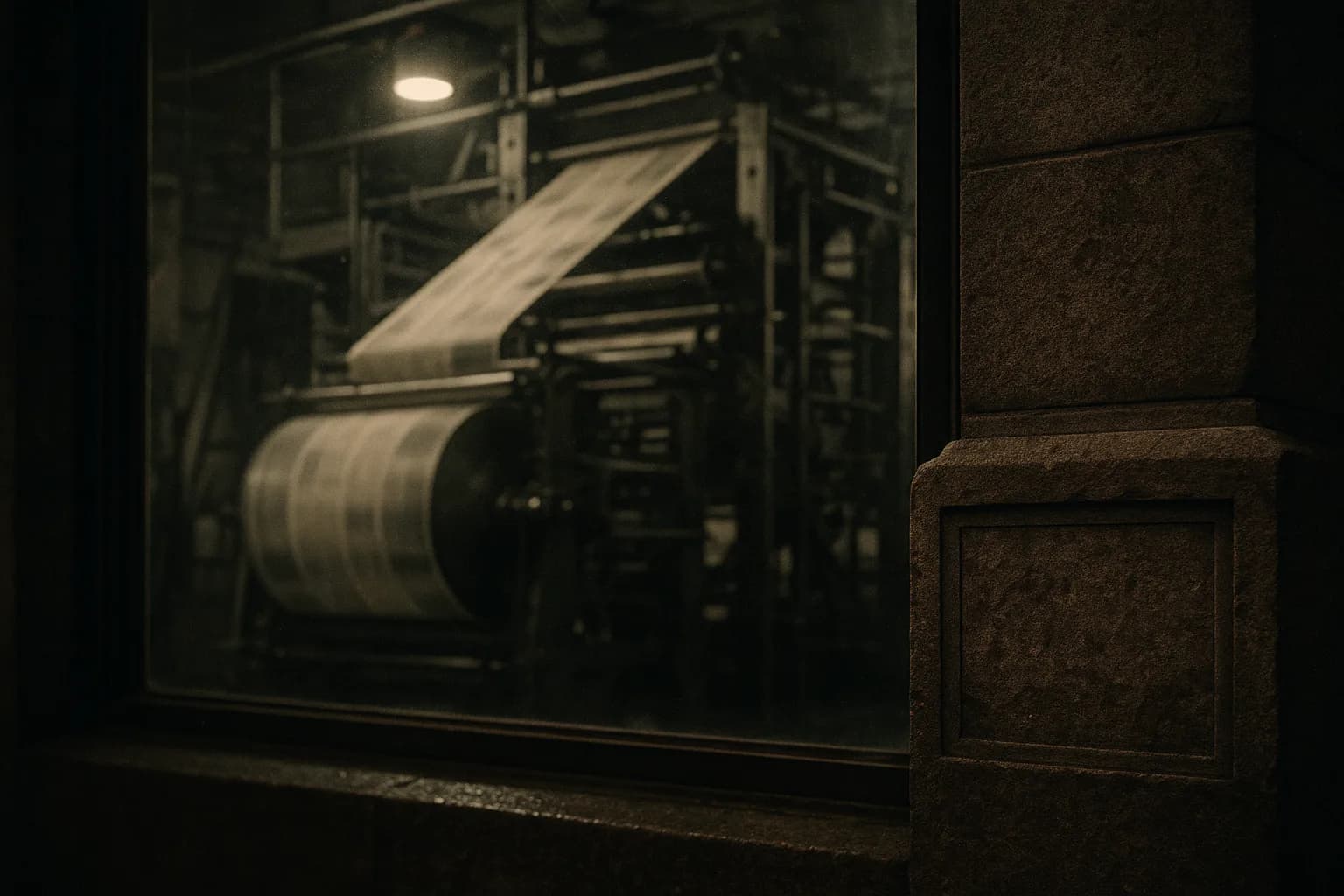 Rotative de presse tournant dans la nuit derrière une vitre, et au premier plan, scellée dans le mur du bâtiment, une plaque de fondation gravée, métaphore de la mission gravée avant la machine