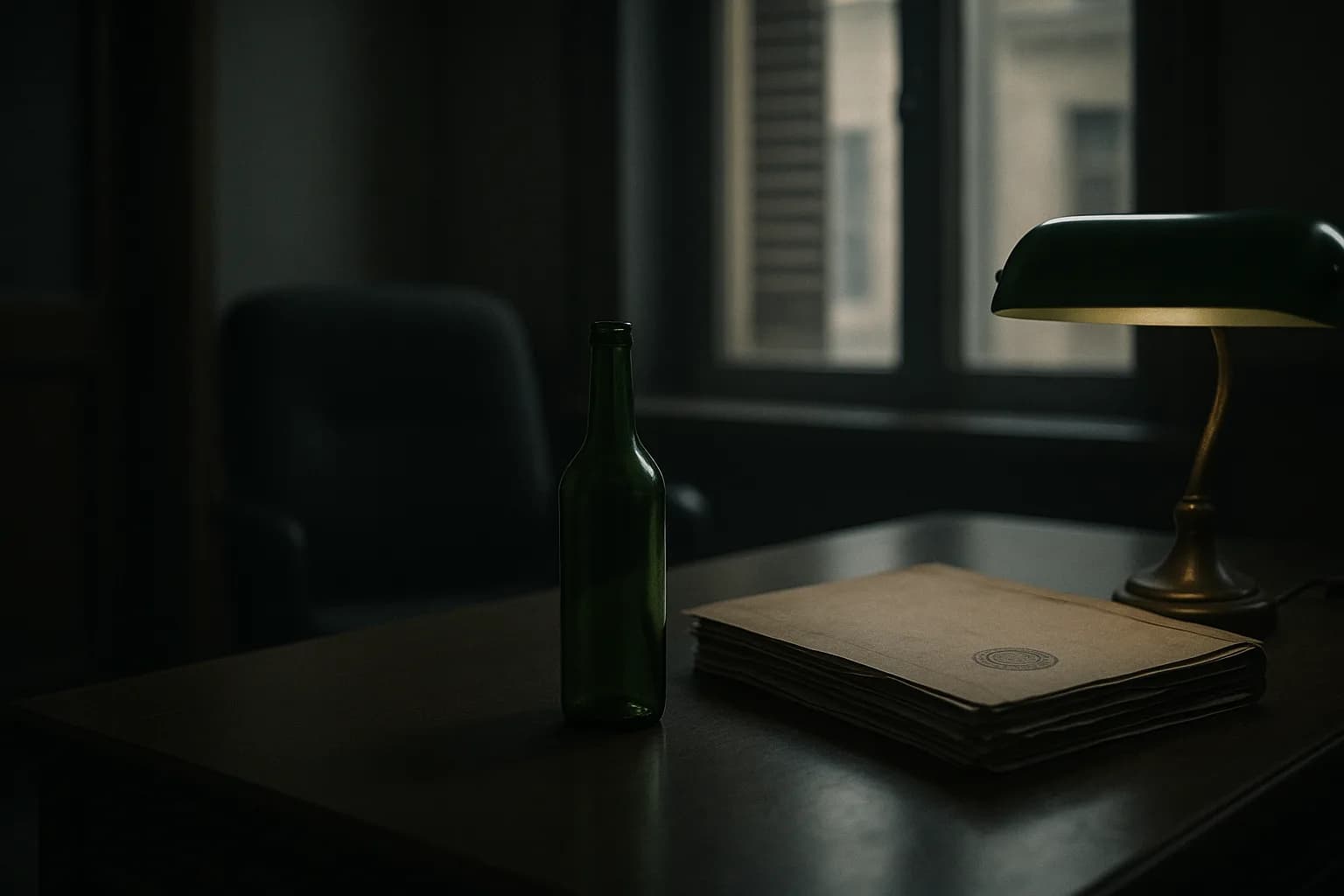 Bouteille de verre vert anonyme posée sur un bureau administratif, à côté d'un dossier tamponné et d'une lampe de préfecture, lumière froide de fin de journée, métaphore d'une promesse de marque dont le sort se décide dans un bureau public