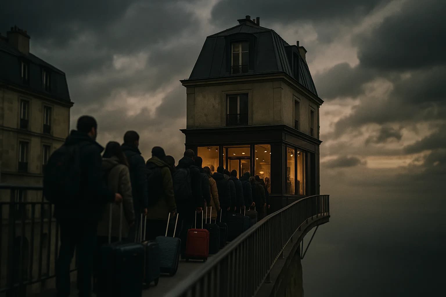 Vitrine parisienne prise d'assaut par une longue file de voyageurs à valises sous un ciel changeant, la boutique posée à l'extrémité d'une passerelle étroite au-dessus du vide, métaphore de la destination florissante mais suspendue à un flux volatil