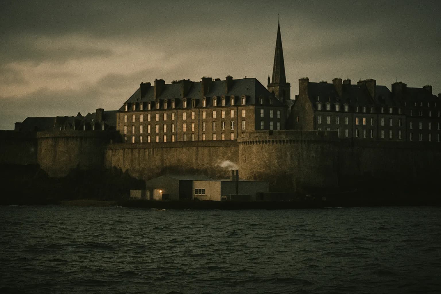 Remparts de granit de Saint-Malo au crépuscule vus depuis la mer, et en contrebas une usine discrète sans aucune enseigne d'où monte un unique panache pâle, mer gris-vert sourde, métaphore d'un conglomérat immense et silencieux
