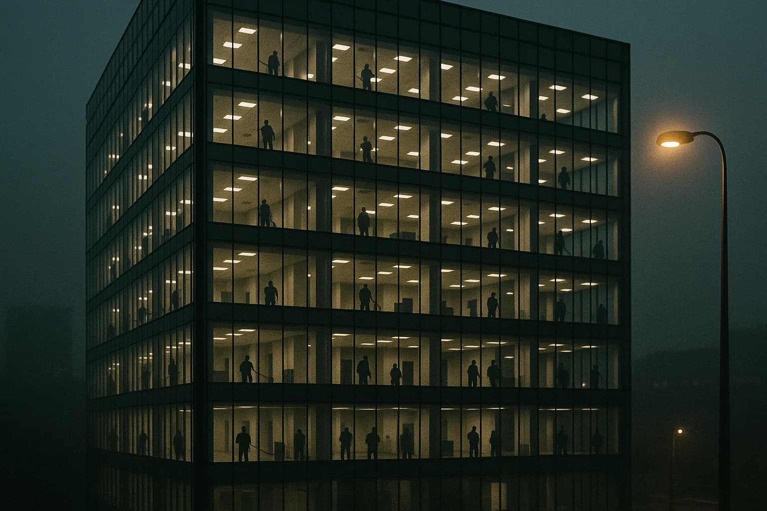 Tour de bureaux impeccable au petit matin, toutes lumières allumées, équipes d'entretien et de sécurité en silhouettes à chaque étage, aucune enseigne sur la façade, métaphore du géant qui fait tourner les lieux des autres sans nom sur le sien