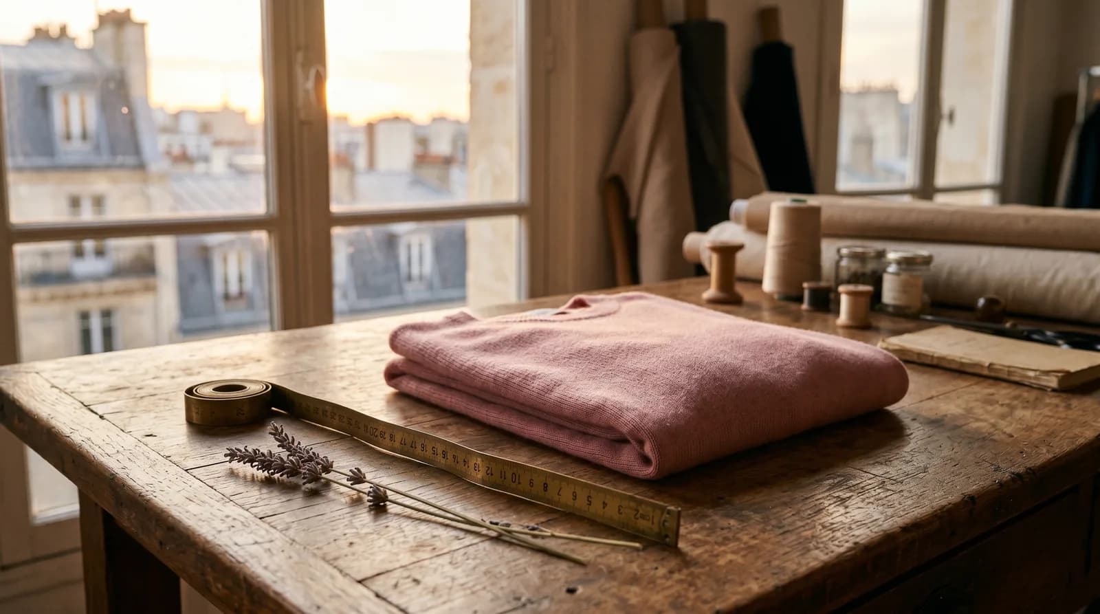 Établi d'atelier parisien avec pull rose plié, mètre en laiton et lavande séchée à l'heure dorée, métaphore visuelle du drop daté et de la rareté programmée