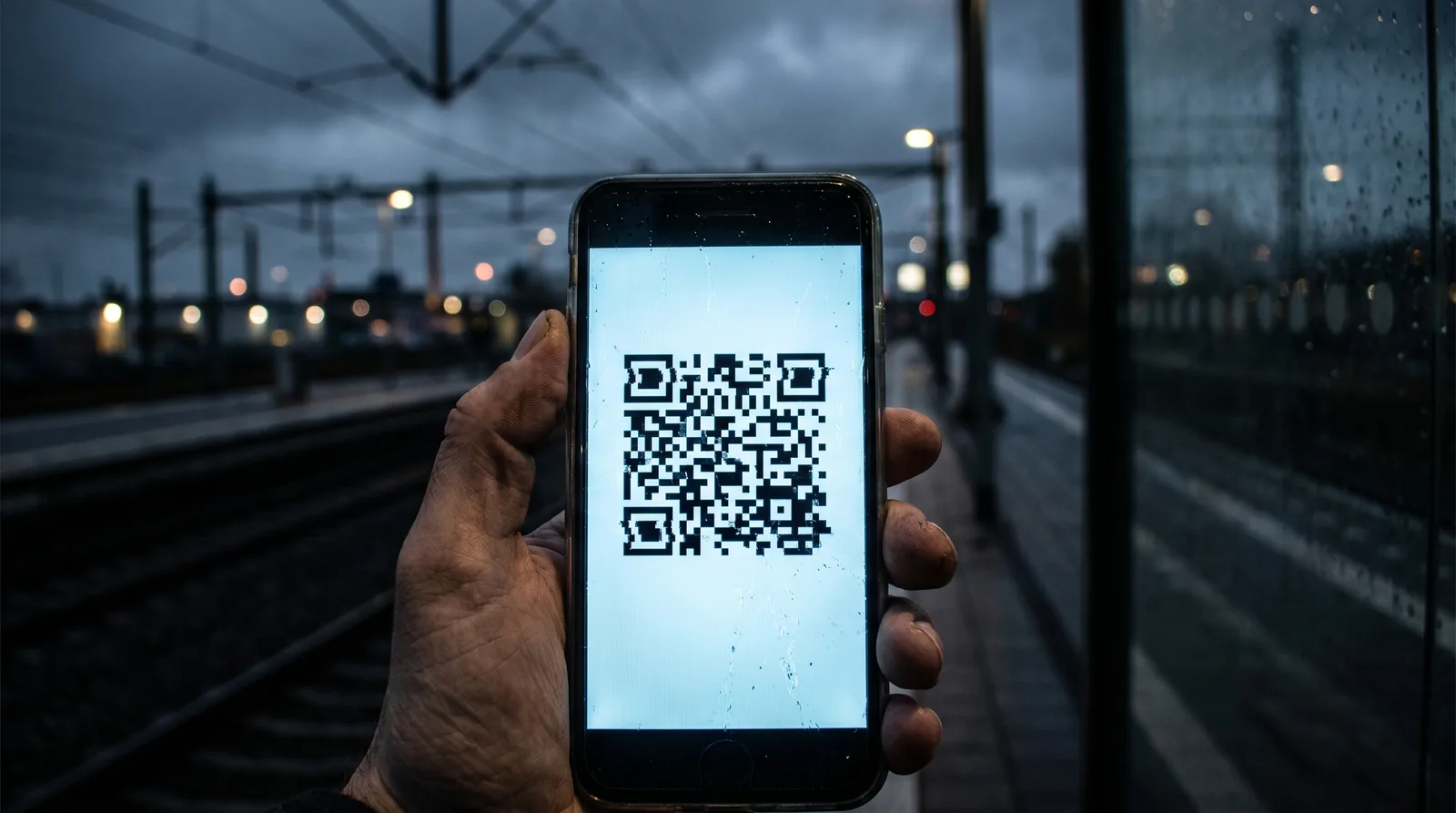 QR code fragmenté affiché sur un smartphone tenu devant un quai de gare nocturne, métaphore visuelle d'un rebrand qui rencontre un produit cassé