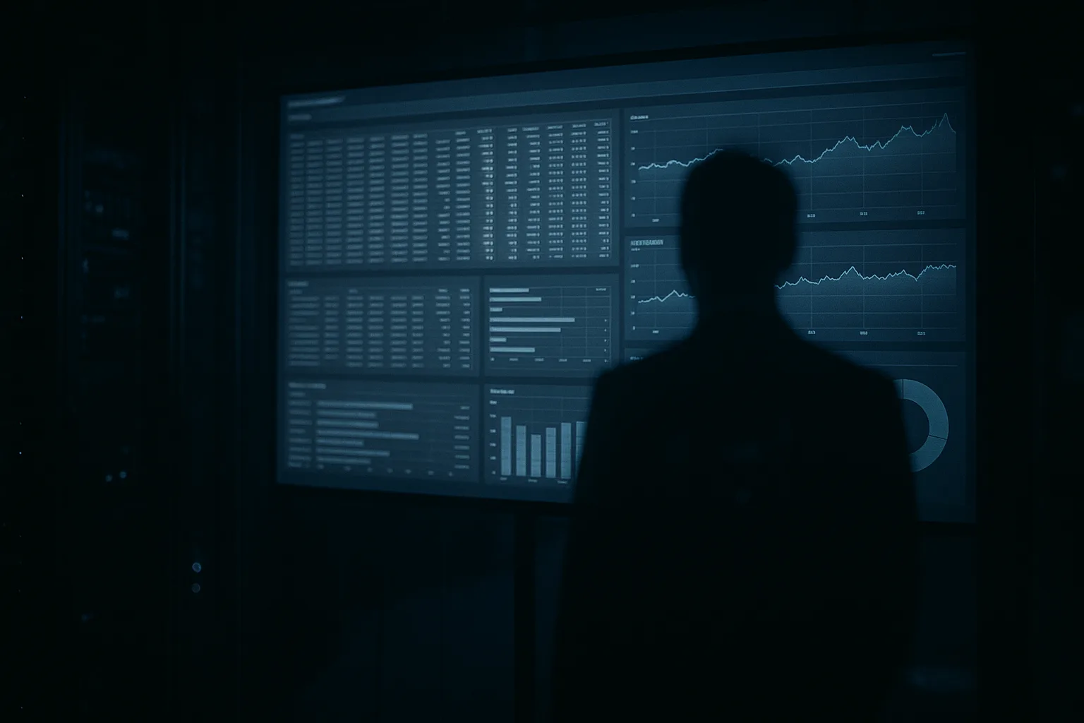 Grand écran de supervision informatique lumineux dans une salle sombre, panneaux denses de tickets et d'inventaires, et dans le reflet de la vitre une silhouette d'entreprise sans visage impossible à identifier, lumière froide de moniteur, métaphore d'un éditeur invisible derrière un logiciel connu de tous