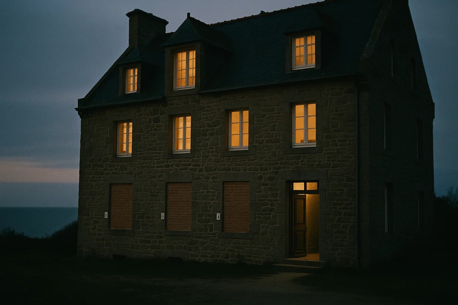 Grande demeure familiale de granit breton face à la mer au crépuscule, trois fenêtres du rez-de-chaussée murées de frais avec des interphones neufs, porte principale entrouverte sur un hall vide, métaphore visuelle de la maison mère vidée par ses propres joyaux