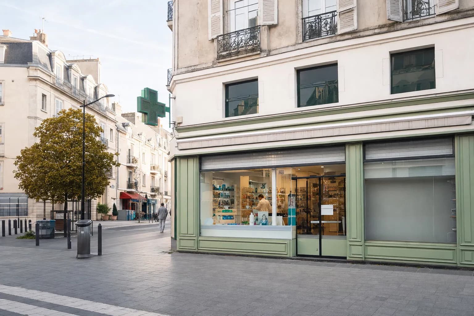 Une officine indépendante sur une rue de ville française au petit matin.