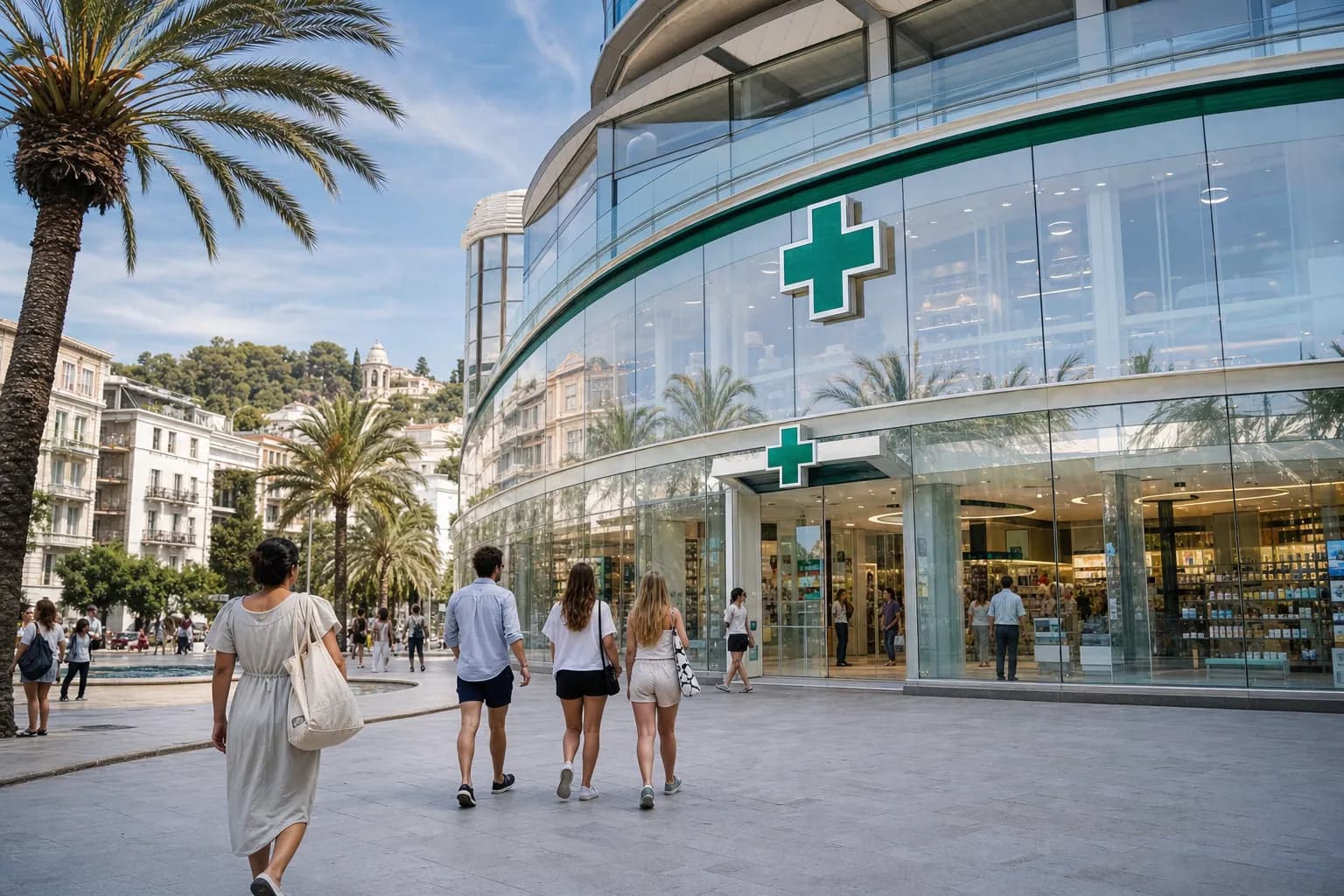 Une grande pharmacie moderne à façade vitrée sur une place ensoleillée du sud de l'Europe.