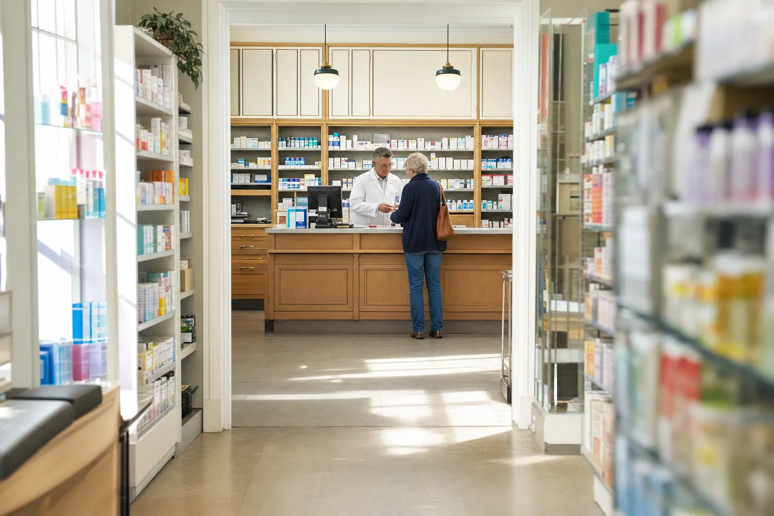 L'intérieur calme d'une officine de proximité, une pharmacienne et une patiente au comptoir.