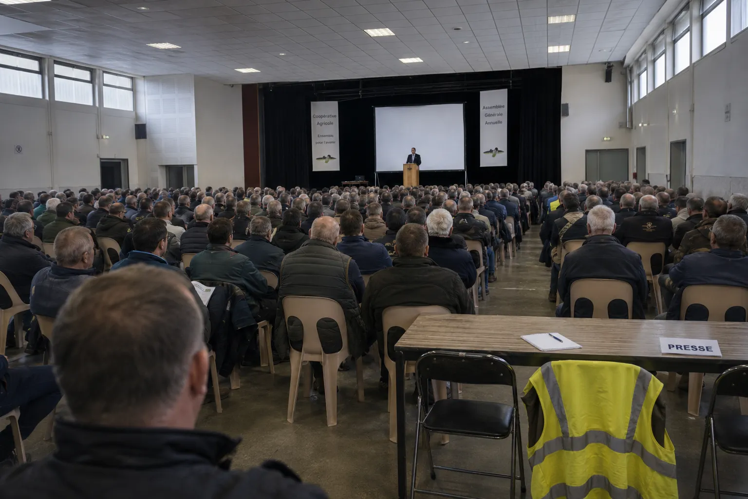 Assemblée générale d'une coopérative agricole dans une grande salle, plusieurs centaines d'adhérents assis de dos face à la tribune, table de presse inoccupée au premier plan.