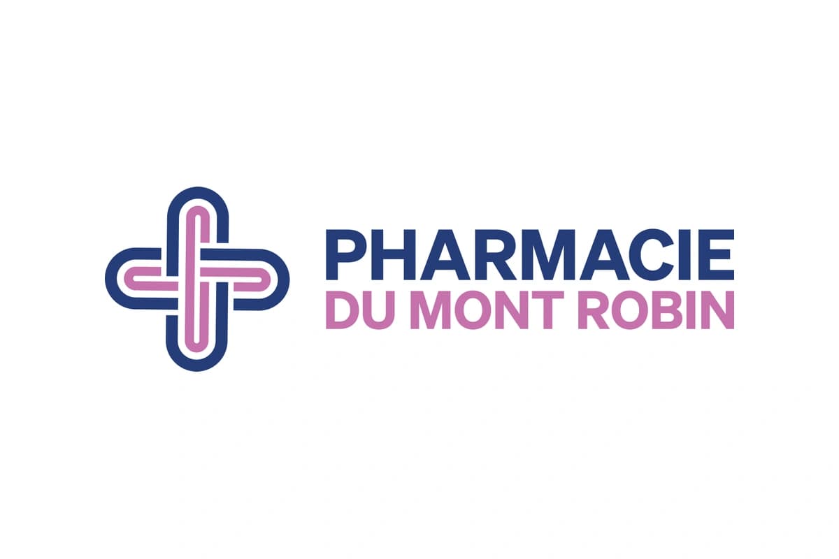 Pharmacie du Mont Robin : logo original bleu et rose, croix entrelacée et signature typographique