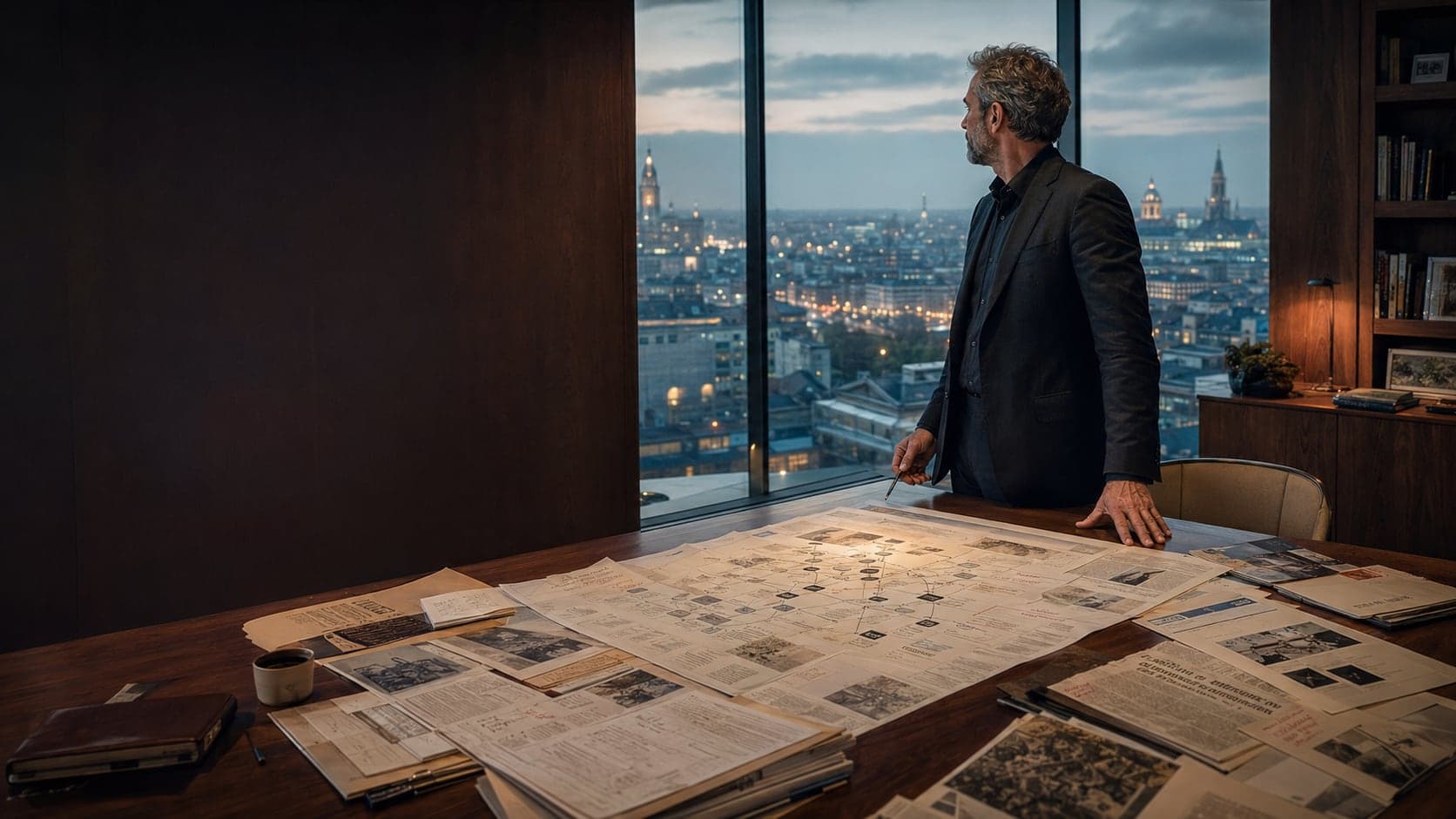 Un stratège observe la ville depuis son bureau, un vaste plan d’analyse et des coupures de presse déployés sur la table.