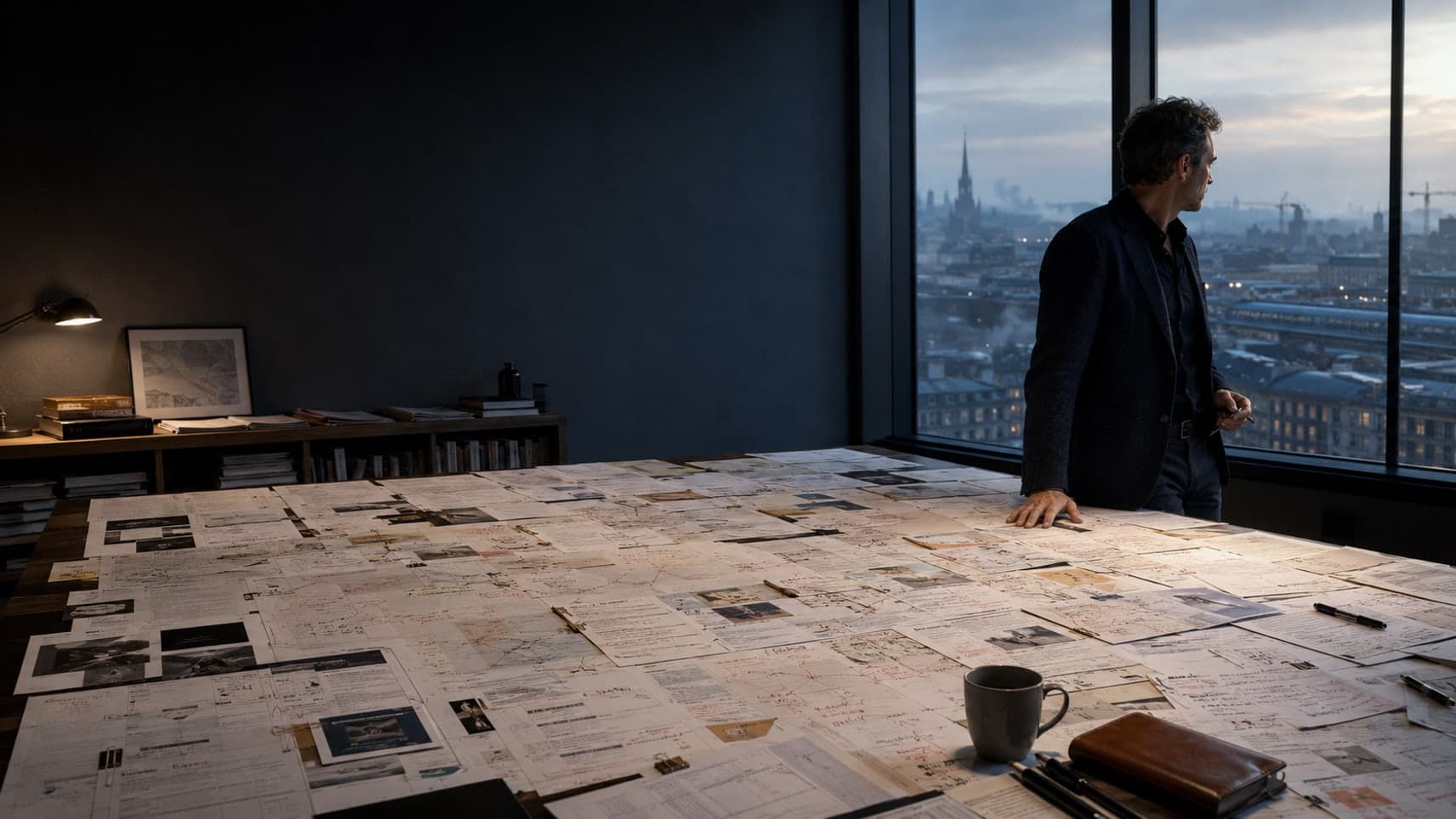 Un stratège observe la ville depuis son bureau, l'ensemble du système d'expertises étalé et annoté sur une grande table, fenêtre sur les toits au crépuscule.