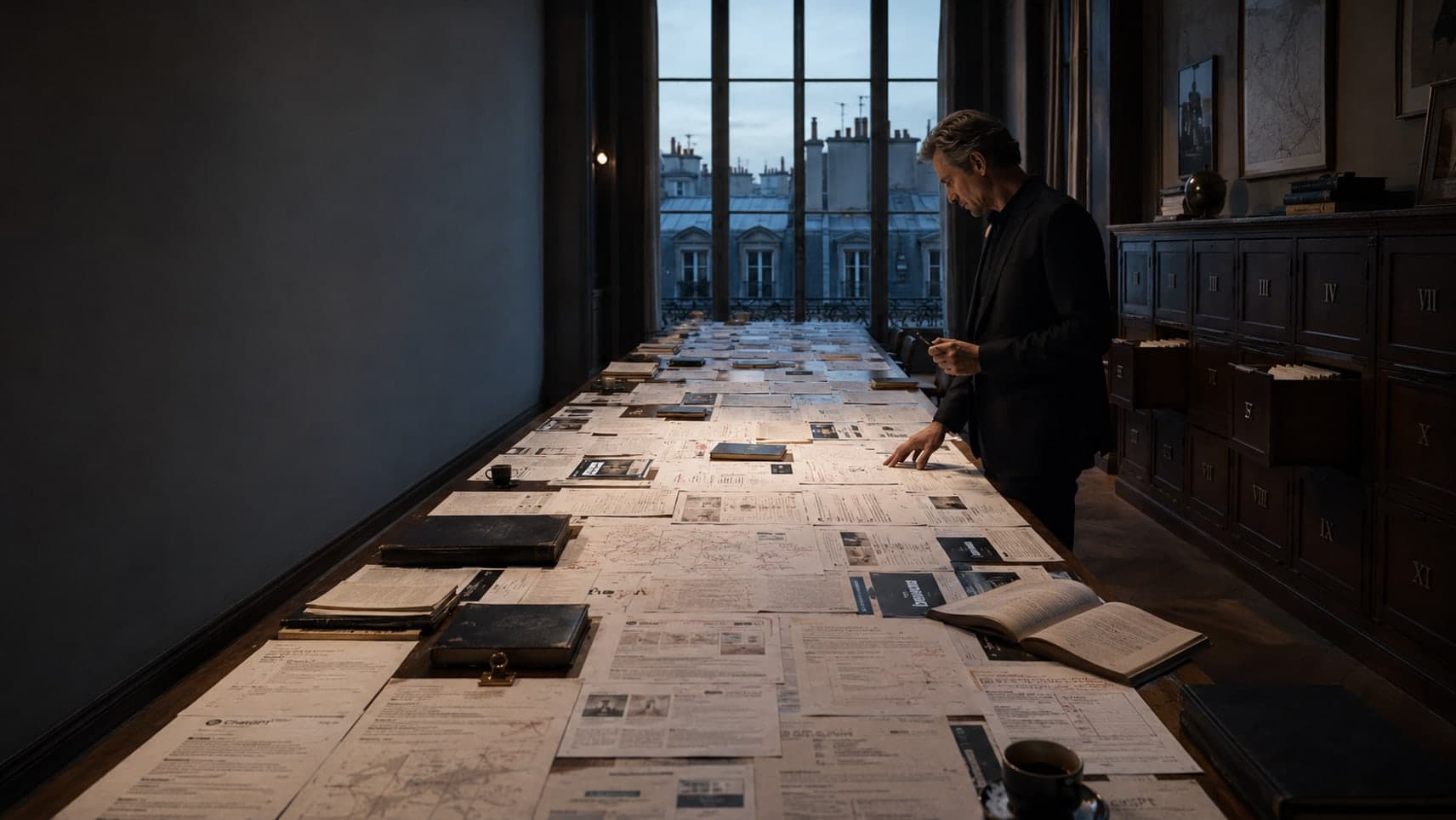 Un étui d'instruments de précision déployé sous une lampe sur un bureau de direction, une silhouette observe la ville au crépuscule derrière la baie vitrée.