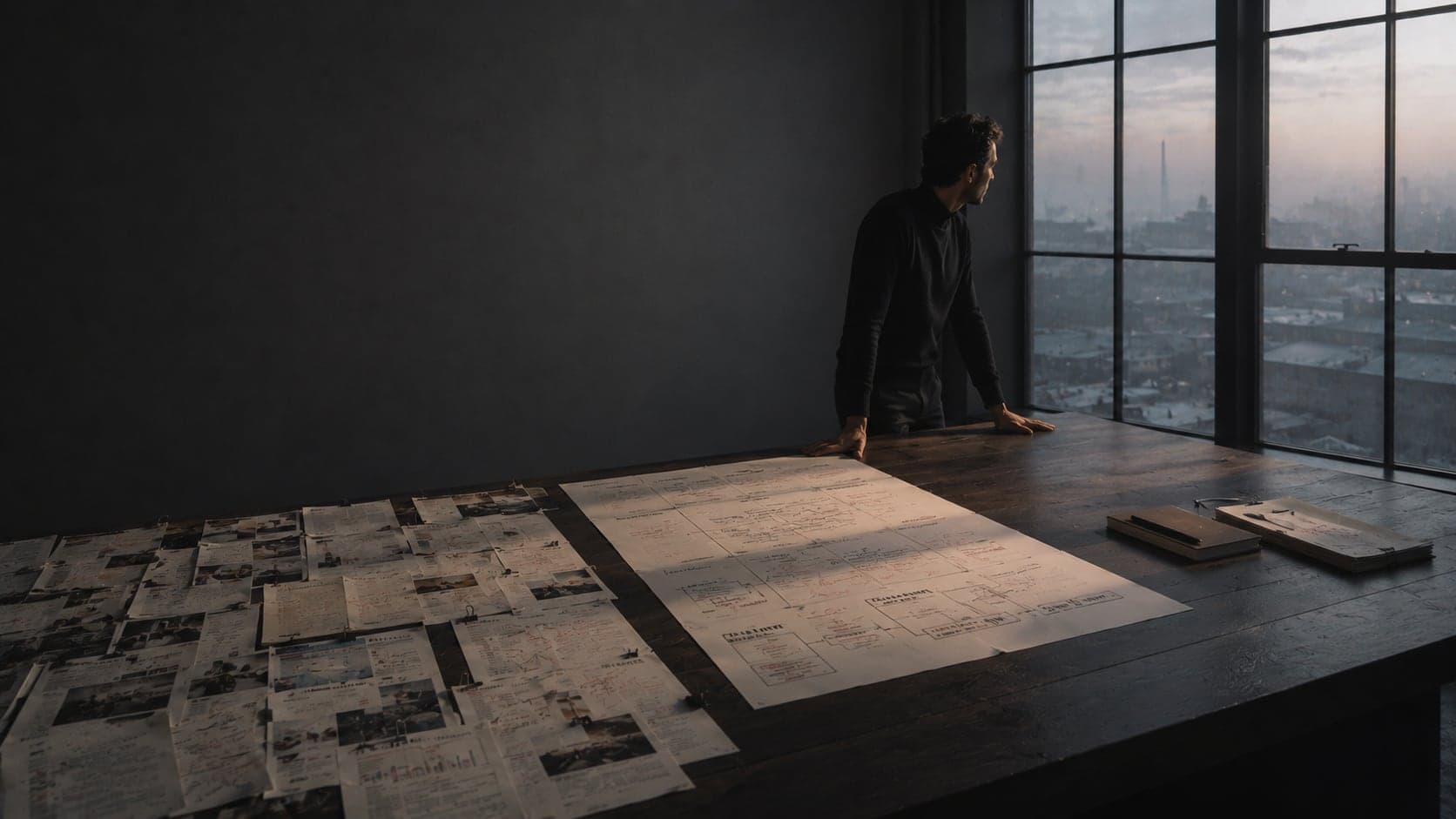 Un stratège observe la ville au crépuscule, un grand plan de travail déployé sur la table couverte de documents annotés.