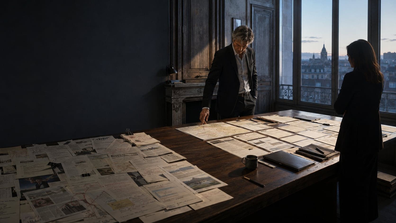 Une dirigeante et un dirigeant examinent ensemble, de part et d’autre d’une longue table, un vaste ensemble de documents déployés, une fenêtre haussmannienne sur Paris entre eux.